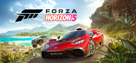 Official Forza Horizon 5 artwork with a red Mercedes-AMG One on a tropical road beside a beach and off-road vehicle