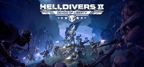 Official Helldivers 2 Steam header artwork showing a Helldiver facing a battlefield